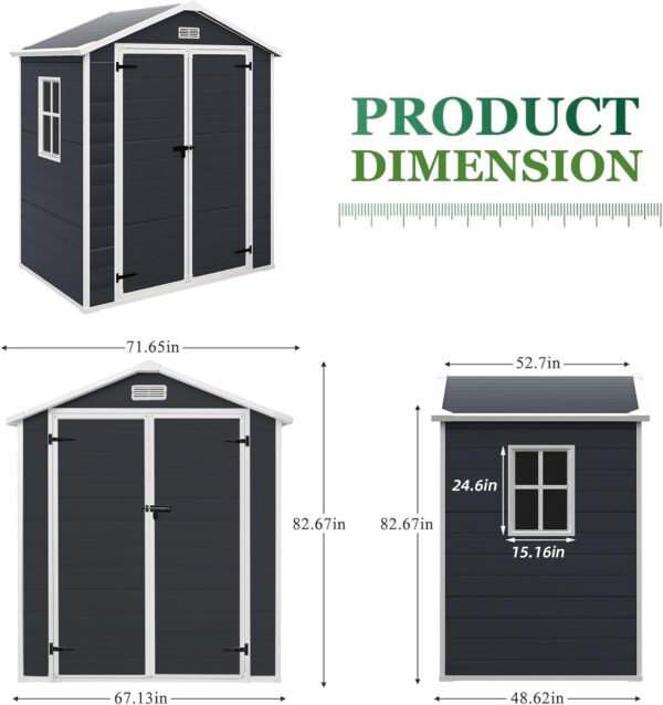 6 * 4.4FT Outdoor Resin Storage Shed with Reinforced Floor, All Weather-Resistant, Plastic Shed for Storing Gardening Tools, Bicycles,Patio Furniture or Lawn Mower, Secure Door Lock (Dark Gray) - Image 3