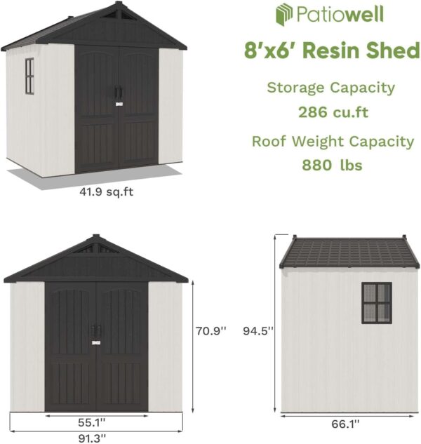 Patiowell 8 x 6 FT Plastic Outdoor Storage Shed with Floor, Resin Shed with Window and Lockable Door for Garden, Backyard, Tool Storage Use, Easy to Install in Beige (Kick-it Shed) - Image 5