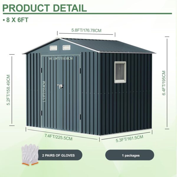 8x6FT Outdoor Steel Storage Shed with Clear Window, Lockable Doors, Weather-Resistant Metal Tool Shed for Garden, Backyard, Patio, and Utility Storage - Image 2