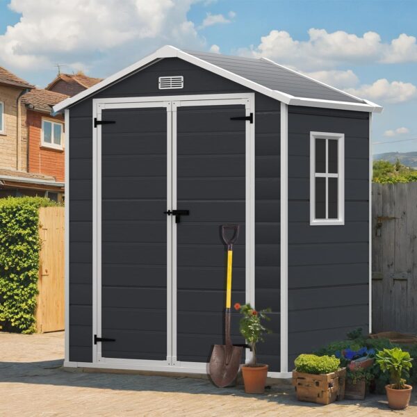 6 * 4.4FT Outdoor Resin Storage Shed with Reinforced Floor, All Weather-Resistant, Plastic Shed for Storing Gardening Tools, Bicycles,Patio Furniture or Lawn Mower, Secure Door Lock (Dark Gray)