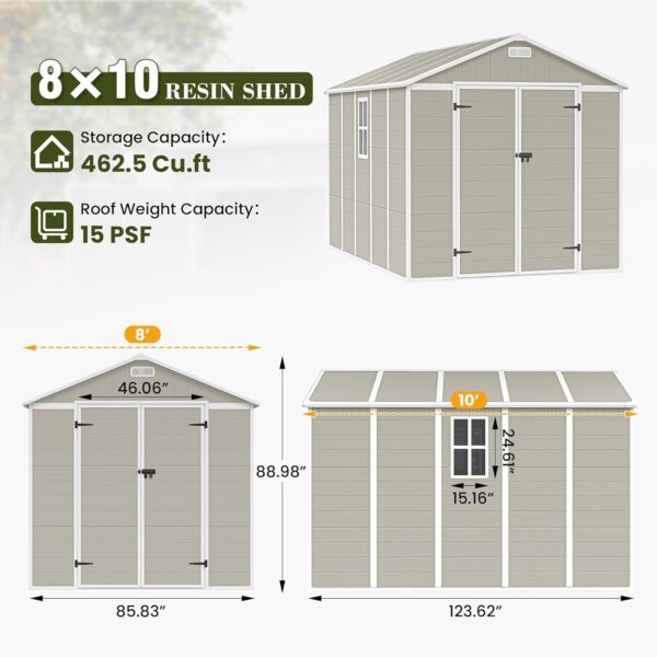 UDPATIO Outdoor Storage Shed 8 x 10 FT, Resin Garden Sheds Plastic Patio Outdoor Storage with Lockable Door for Tool, Bike, Garbage Sandstone - Image 2