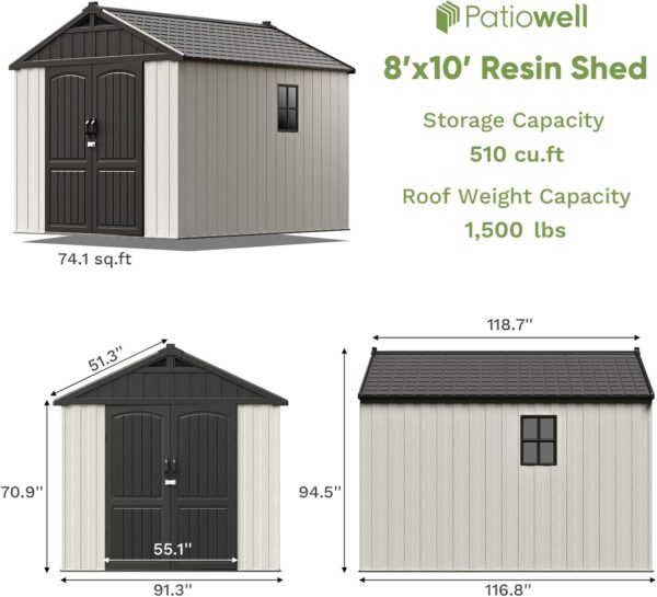 Patiowell 8 x 10 FT Resin Outdoor Storage Shed with Floor, Plastic Shed with Window and Lockable Door for Garden, Backyard, Tool Storage Use, Easy to Install in Beige (Kick-it Shed) - Image 5