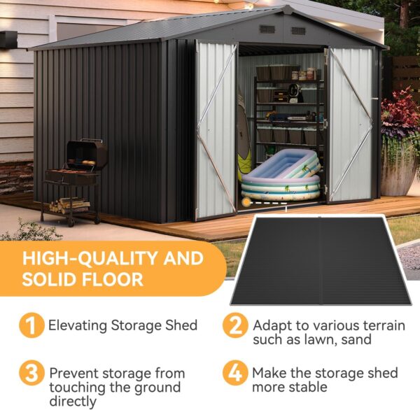 Aoxun 9.6x7.4x6.5 FT Shed Outdoor Storage Shed with Floor Metal Tool Shed with Door and Lock Outdoor Shed for Garden, Backyard, Poolside, Plastic Floor Included, Black - Image 2