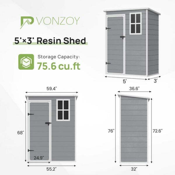 Outdoor Resin Storage Shed, 5x3FT Plastic Storage Sheds with Floor, Lockable Door, Window, Waterproof Tool Sheds & Outdoor Storage Outside for Bike, Garbage Can,Garden, Grey White - Image 2