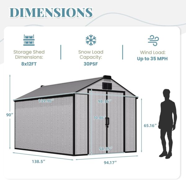 8 x 12 FT Resin Outdoor Storage Shed, All-Weather Plastic Garden Shed with Floor, Lockable Doors & Windows, Plastic Tool Shed for Poolside, Backyard, Patio - Image 2