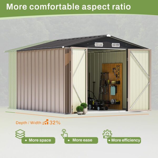 Patiowell 8x10 FT Outdoor Storage Shed, Large Garden Tool Metal Shed with Sloping Roof and Double Lockable Door, Outdoor Shed for Backyard Garden Patio Lawn, Brown - Image 4