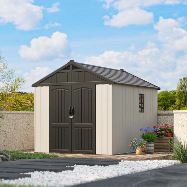 Patiowell 8 x 10 FT Resin Outdoor Storage Shed with Floor, Plastic Shed with Window and Lockable Door for Garden, Backyard, Tool Storage Use, Easy to Install in Beige (Kick-it Shed)