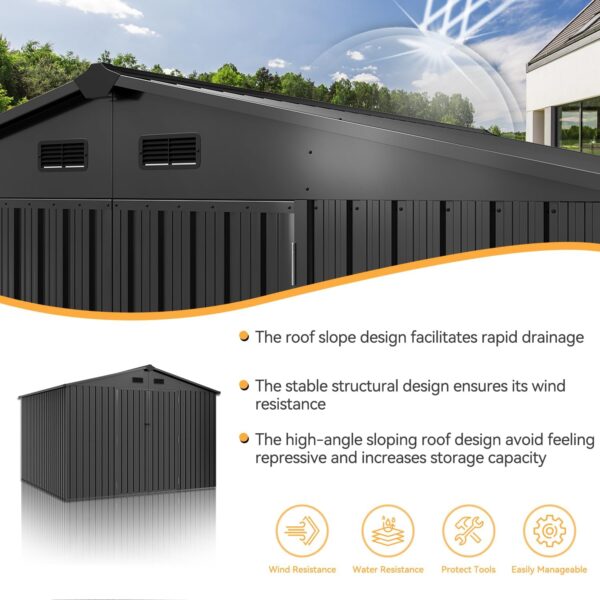 Aoxun 9.6x7.4x6.5 FT Shed Outdoor Storage Shed with Floor Metal Tool Shed with Door and Lock Outdoor Shed for Garden, Backyard, Poolside, Plastic Floor Included, Black - Image 4