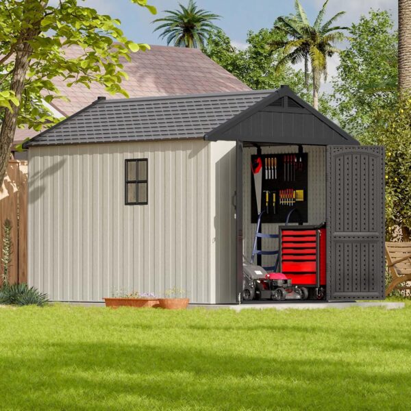 Patiowell 8x10 FT Outdoor Storage Shed, Plastic Shed Resin Garden Tool Shed with Floor & Two Window & Lockable Door for Patio Furniture, Backyard Tools, Bicycles & Lawnmower, Beige - Image 2