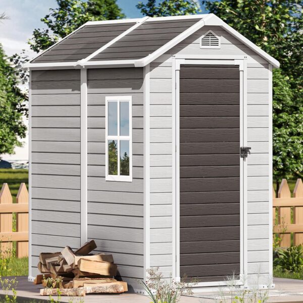 Storage Shed, 6X4 FT Resin Outdoor Storage Shed with Floor & Lockable Doors, All Weather Plastic Lean to Shed with Window and Vents, Garden Tool Shed for Bike, Toy, Lawnmower