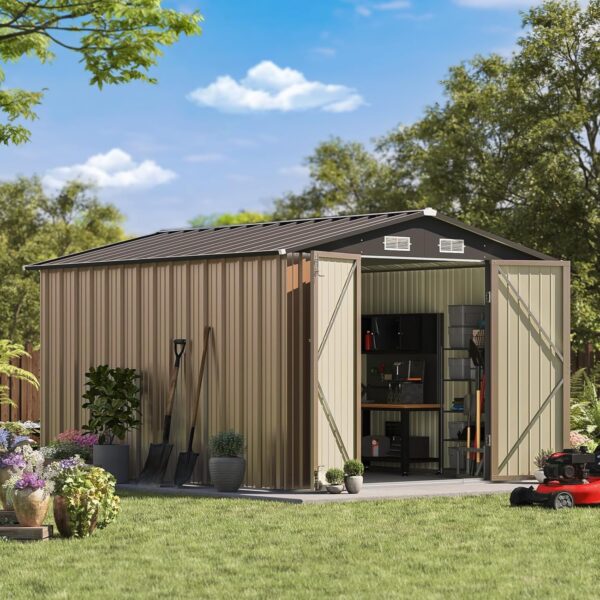 Patiowell 8x10 FT Outdoor Storage Shed, Large Garden Tool Metal Shed with Sloping Roof and Double Lockable Door, Outdoor Shed for Backyard Garden Patio Lawn, Brown - Image 2