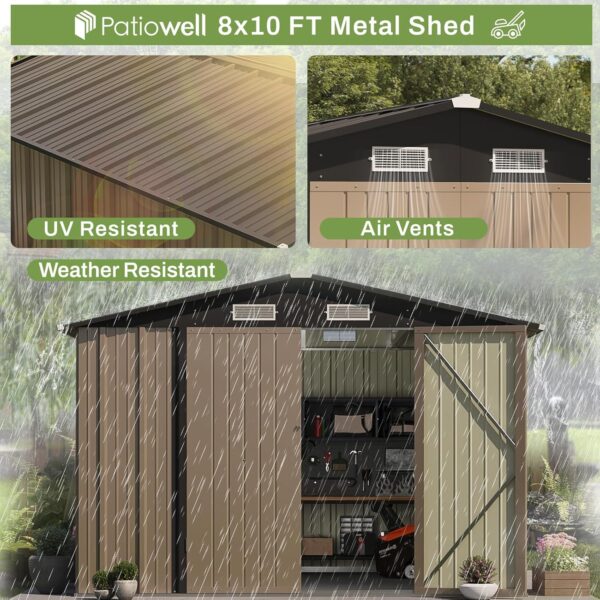 Patiowell 8x10 FT Outdoor Storage Shed, Large Garden Tool Metal Shed with Sloping Roof and Double Lockable Door, Outdoor Shed for Backyard Garden Patio Lawn, Brown - Image 6