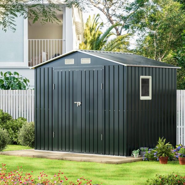 8x6FT Outdoor Steel Storage Shed with Clear Window, Lockable Doors, Weather-Resistant Metal Tool Shed for Garden, Backyard, Patio, and Utility Storage - Image 4