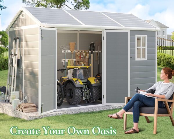 10.5x7.6x7.5 FT Resin Storage Shed with Floor, Outdoor Tool Sheds with Window, Vents and Stainless Steel Cores, for Lawnmowers/Bicycles/Pool Supplies, Grey - Image 4