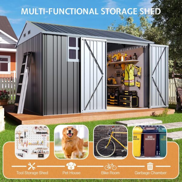 Jocisland 10x8.6x7.5 FT Sheds & Outdoor Storage, Lockable Double Hinged Doors and 4 Vents, Metal Large Shed, Backyard Storage for Bikes and Garden Tools Dark Black/White - Image 6