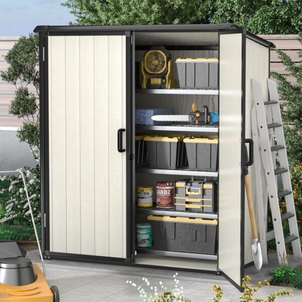 Aoxun Outdoor Storage Shed 5 x 3FT, Resin Shed with Floor and Lockable Door, Plastic Shed for Bike, Garbage Can, Tool, Accessories, Lawn, Garden - Beige - Image 3