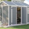 10.5x7.6x7.5 FT Resin Storage Shed with Floor, Outdoor Tool Sheds with Window, Vents and Stainless Steel Cores, for Lawnmowers/Bicycles/Pool Supplies, Grey