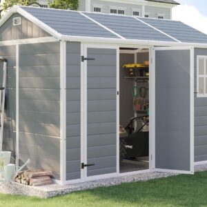 10.5x7.6x7.5 FT Resin Storage Shed with Floor, Outdoor Tool Sheds with Window, Vents and Stainless Steel Cores, for Lawnmowers/Bicycles/Pool Supplies, Grey