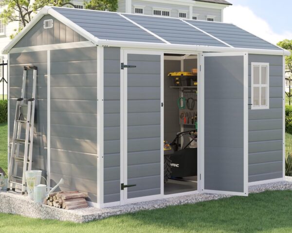 10.5x7.6x7.5 FT Resin Storage Shed with Floor, Outdoor Tool Sheds with Window, Vents and Stainless Steel Cores, for Lawnmowers/Bicycles/Pool Supplies, Grey