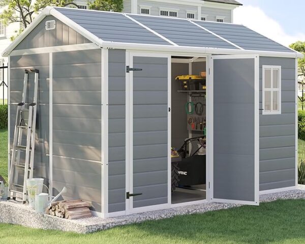 10.5x7.6x7.5 FT Resin Storage Shed with Floor, Outdoor Tool Sheds with Window, Vents and Stainless Steel Cores, for Lawnmowers/Bicycles/Pool Supplies, Grey - Image 7