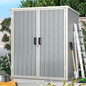 Aoxun Outdoor Storage Shed 5 x 3FT, Resin Shed with Floor and Lockable Door, Plastic Shed for Bike, Garbage Can, Tool, Accessories, Lawn, Garden - Grey