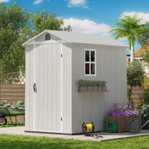 Patiowell 4' x 6' Outdoor Storage Shed with Floor, Plastic Shed Outside Resin Tool Shed with Window and Lockable Door for Backyard Garden Patio Lawn, White (Fit-it Shed)