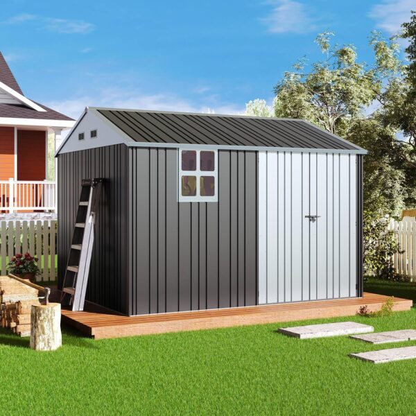 Jocisland 10x8.6x7.5 FT Sheds & Outdoor Storage, Lockable Double Hinged Doors and 4 Vents, Metal Large Shed, Backyard Storage for Bikes and Garden Tools Dark Black/White