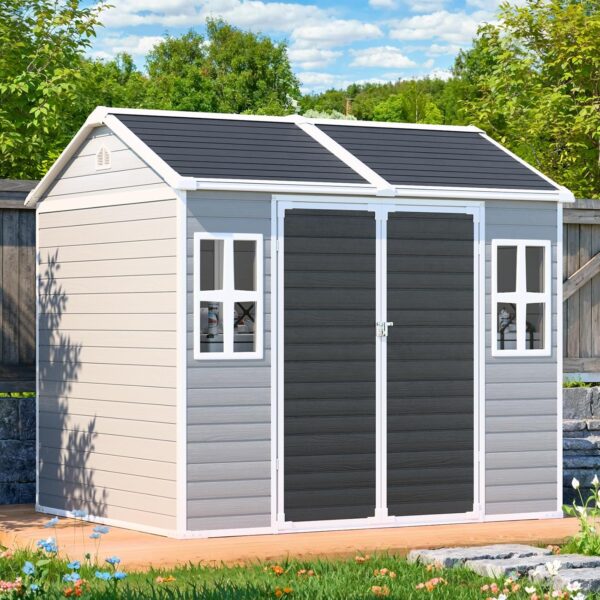 Outdoor Resin Storage Shed 8x6x7 FT Sheds Kit with Floor Included 2 Windows Double Lockable Door,Waterproof Outside Plastic Sheds for Backyard Garden Patio Lawn Tools