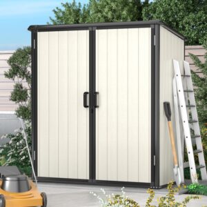 Aoxun Outdoor Storage Shed 5 x 3FT, Resin Shed with Floor and Lockable Door, Plastic Shed for Bike, Garbage Can, Tool, Accessories, Lawn, Garden - Beige