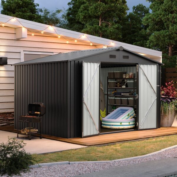 Aoxun 9.6x7.4x6.5 FT Shed Outdoor Storage Shed with Floor Metal Tool Shed with Door and Lock Outdoor Shed for Garden, Backyard, Poolside, Plastic Floor Included, Black - Image 3