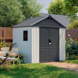 Patiowell 8x6 FT Outdoor Storage Shed, Plastic Shed Resin Garden Shed with Floor & Window & Lockable Door for Patio Furniture, Backyard Tools, Bicycles & Lawnmower, Beige