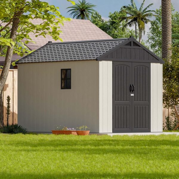 Patiowell 8x10 FT Outdoor Storage Shed, Plastic Shed Resin Garden Tool Shed with Floor & Two Window & Lockable Door for Patio Furniture, Backyard Tools, Bicycles & Lawnmower, Beige