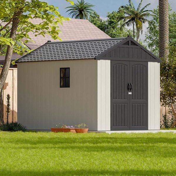 Patiowell 8x10 FT Outdoor Storage Shed, Plastic Shed Resin Garden Tool Shed with Floor & Two Window & Lockable Door for Patio Furniture, Backyard Tools, Bicycles & Lawnmower, Beige - Image 7