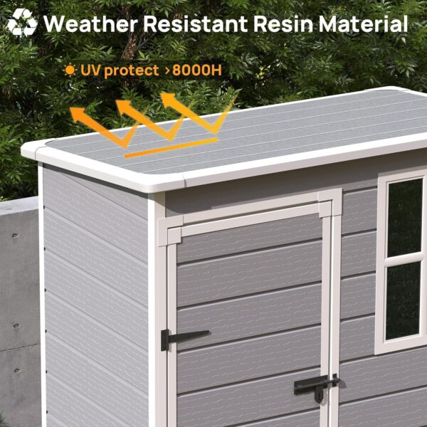 Outdoor Resin Storage Shed, 5x3FT Plastic Storage Sheds with Floor, Lockable Door, Window, Waterproof Tool Sheds & Outdoor Storage Outside for Bike, Garbage Can,Garden, Grey White - Image 5