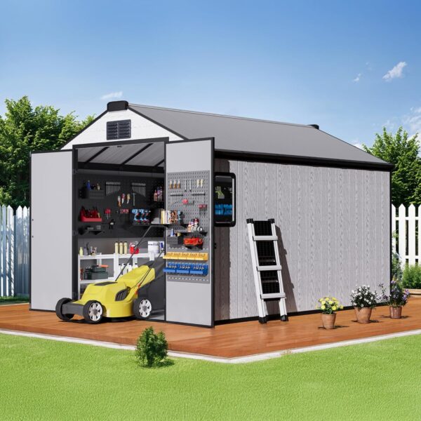 8 x 12 FT Resin Outdoor Storage Shed, All-Weather Plastic Garden Shed with Floor, Lockable Doors & Windows, Plastic Tool Shed for Poolside, Backyard, Patio