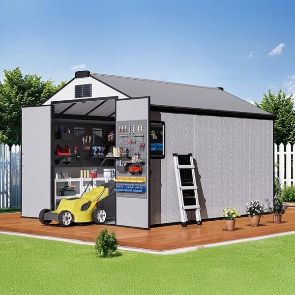 8 x 12 FT Resin Outdoor Storage Shed, All-Weather Plastic Garden Shed with Floor, Lockable Doors & Windows, Plastic Tool Shed for Poolside, Backyard, Patio - Image 7