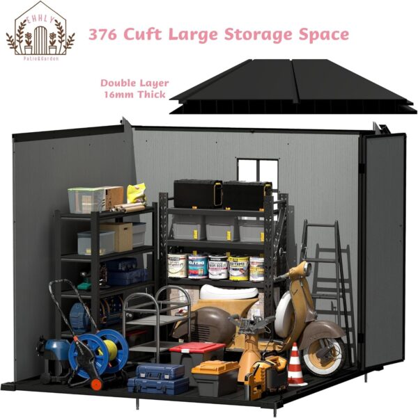 8x8 FT Resin Outdoor Storage Shed Large, 376 Cuft Garden Tool Sheds & Outdoor Storage Plastic Shed with Floor, 8FT Tall Backyard Outside Lawn Mower Storage Shed with Side Window, Cemented Grey - Image 4