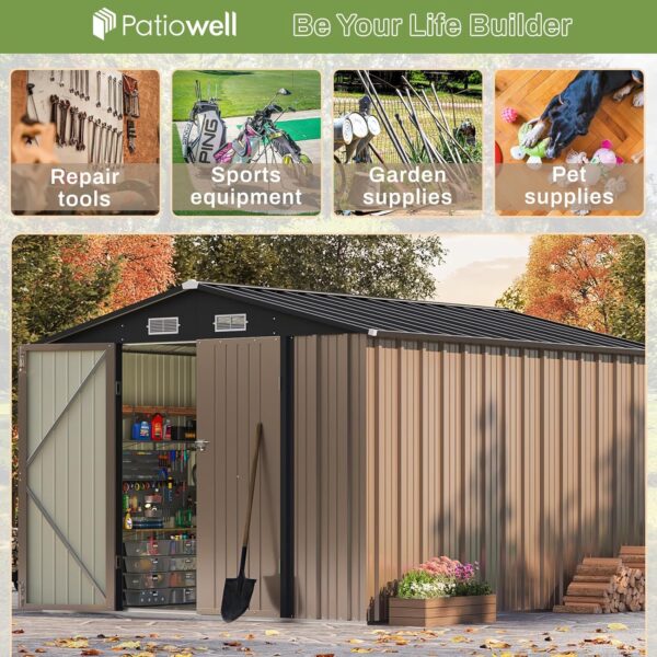 Patiowell 8x10 FT Outdoor Storage Shed, Large Garden Tool Metal Shed with Sloping Roof and Double Lockable Door, Outdoor Shed for Backyard Garden Patio Lawn, Brown - Image 3