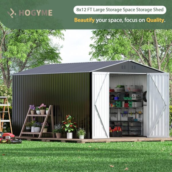 8 x 12 FT Outdoor Storage Shed, Large Metal Tool Sheds with Updated Frame Structure and Lockable Doors, Garden Shed for Backyard Garden Patio Lawn, Grey - Image 2