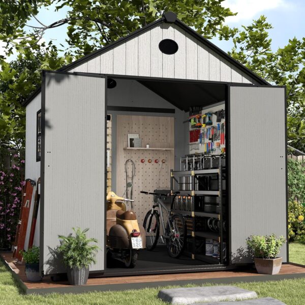 8x8 FT Resin Outdoor Storage Shed Large, 376 Cuft Garden Tool Sheds & Outdoor Storage Plastic Shed with Floor, 8FT Tall Backyard Outside Lawn Mower Storage Shed with Side Window, Cemented Grey - Image 7