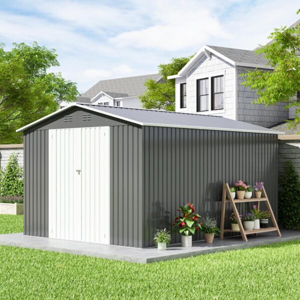 JAXPETY 10x12 FT Outdoor Storage Shed, Garden Shed with Lockable Doors, Tool Sheds for Backyard Garden Patio Lawn, Grey - Image 2