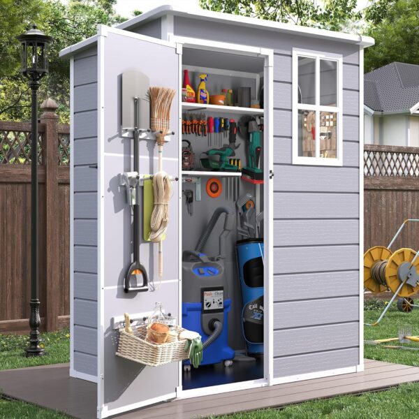 Outdoor Resin Storage Shed, 5x3FT Plastic Storage Sheds with Floor, Lockable Door, Window, Waterproof Tool Sheds & Outdoor Storage Outside for Bike, Garbage Can,Garden, Grey White