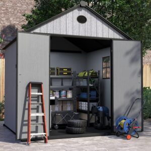 8x8 FT Resin Outdoor Storage Shed Large, 376 Cuft Garden Tool Sheds & Outdoor Storage Plastic Shed with Floor, 8FT Tall Backyard Outside Lawn Mower Storage Shed with Side Window, Cemented Grey