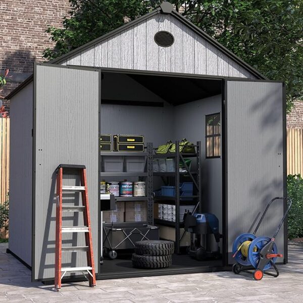 8x8 FT Resin Outdoor Storage Shed Large, 376 Cuft Garden Tool Sheds & Outdoor Storage Plastic Shed with Floor, 8FT Tall Backyard Outside Lawn Mower Storage Shed with Side Window, Cemented Grey - Image 8