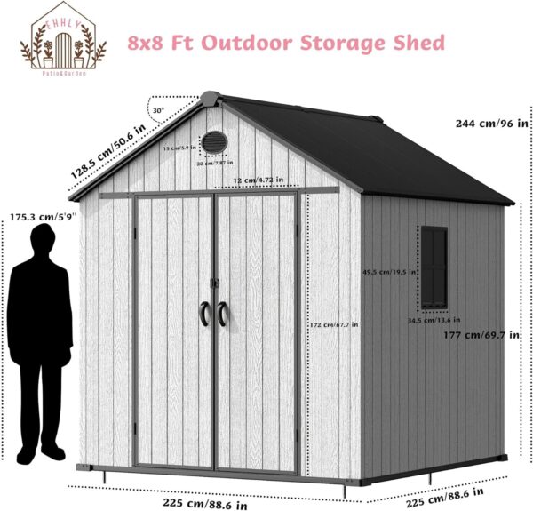 8x8 FT Resin Outdoor Storage Shed Large, 376 Cuft Garden Tool Sheds & Outdoor Storage Plastic Shed with Floor, 8FT Tall Backyard Outside Lawn Mower Storage Shed with Side Window, Cemented Grey - Image 3