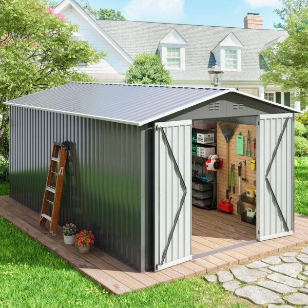 JAXPETY 10x12 FT Outdoor Storage Shed, Garden Shed with Lockable Doors, Tool Sheds for Backyard Garden Patio Lawn, Grey