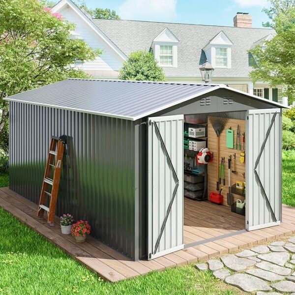 JAXPETY 10x12 FT Outdoor Storage Shed, Garden Shed with Lockable Doors, Tool Sheds for Backyard Garden Patio Lawn, Grey - Image 8