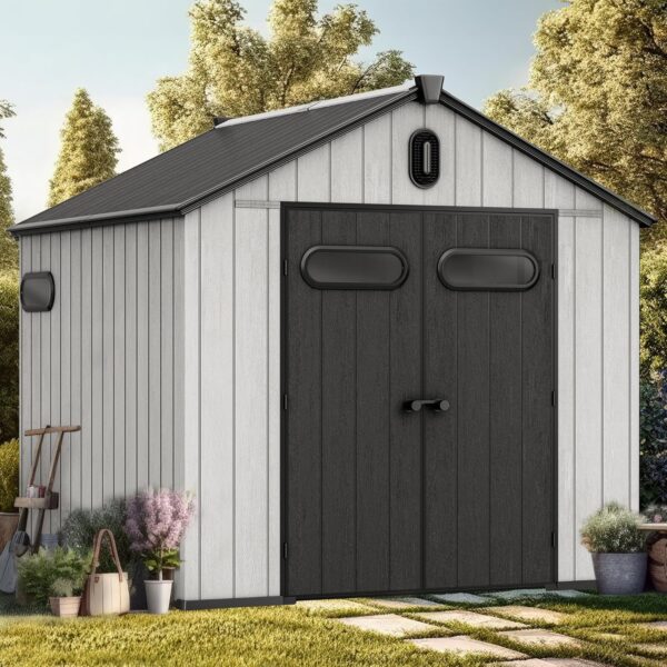 YITAHOME 8x8ft Outdoor Plastic Storage Shed with Floor, 427 cuft Waterproof Garden Shed with Lockable Door, Windows & Vents, Plastic Tool Storage for Patio Furniture, Lawn Mower, Bike Storage, Gray