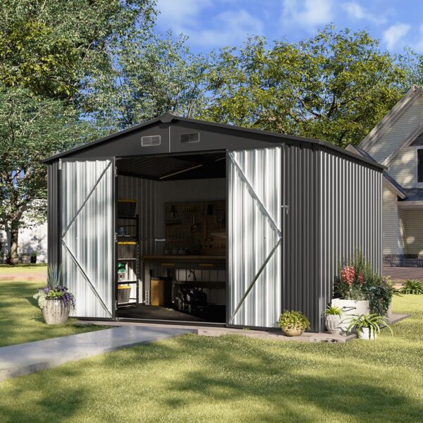 Aoxun 9.6x7.4x6.5 FT Shed Outdoor Storage Shed with Floor Metal Tool Shed with Door and Lock Outdoor Shed for Garden, Backyard, Poolside, Plastic Floor Included, Black