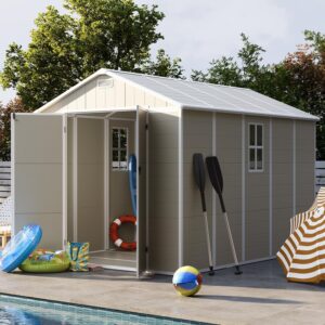 UDPATIO Outdoor Storage Shed 8 x 10 FT, Resin Garden Sheds Plastic Patio Outdoor Storage with Lockable Door for Tool, Bike, Garbage Sandstone